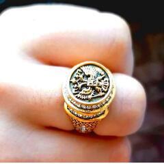 ▼j→→→m26-1★双頭の鷲 黄金イーグル 金彩彫刻 ダイヤモンド K18GFゴールドリング 誕生日プレゼント母日旅行連休夏ギフト国内発送の画像