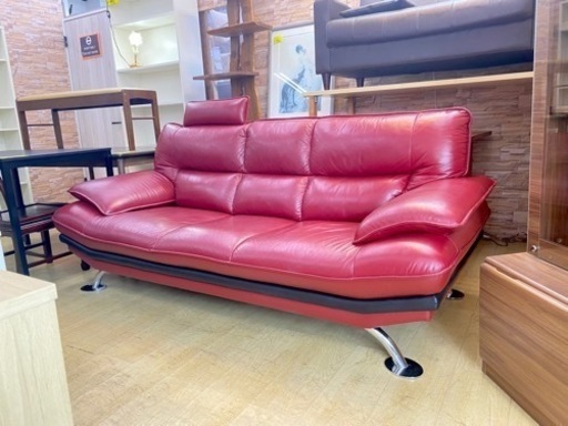 ニトリ 本革ソファー ヘッドレスト付き 3人掛け ☆ LOZO ロゾ4 レッド 赤 ■近隣配送無料 買取帝国 朝霞店