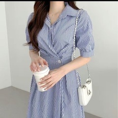 【新品】ワンピース レディース 切り替え レイヤード パフスリーブ Aライン 半袖 ストレート 前開き 折り襟 ハイウエスト きれいめ エレガント 夏の画像