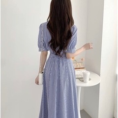 【新品】ワンピース レディース 切り替え レイヤード パフスリーブ Aライン 半袖 ストレート 前開き 折り襟 ハイウエスト きれいめ エレガント 夏の画像