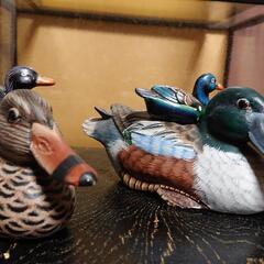 【中古】カルガモ 親子 置物