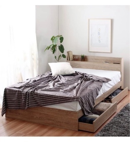 新品・未開封＊Sucre【シュクレ】引出し大容量収納付きベッドフレーム　ナチュラルウッド　セミダブルベット