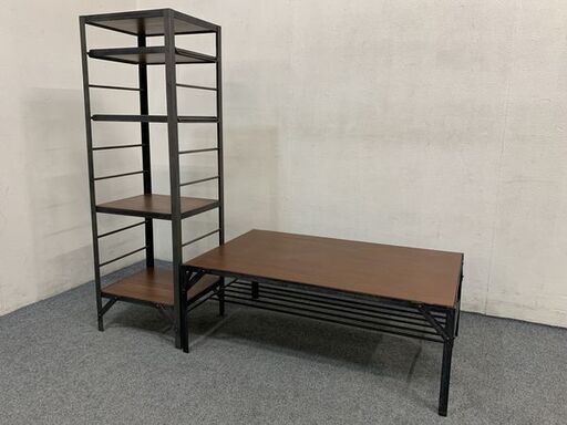 unico/ウニコ ランバーミニ シェルフ/ローテーブル 2点セット ヴィンテージ加工 アイアン ディスプレイ 中古家具 店頭引取歓迎 R7202)