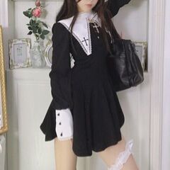 【即日・手渡し可】【新品未使用】ロリータ ゴシック ワンピース 秋冬 黒ロリ ゴスロリ クロス 十字架 日常使い 長袖レース フリル Lolita ドレス エレガント 豪華 カッコいい モノトーン 白黒 シンプル ブラック の画像