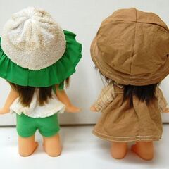 セキグチ ソフビ 人形 2体セット 茶色服 スイカ服 昭和レトロ ぬいぐるみ 日本製 女の子 SEKIGUCHI 札幌市 清田区 平岡の画像