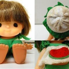 セキグチ ソフビ 人形 2体セット 茶色服 スイカ服 昭和レトロ ぬいぐるみ 日本製 女の子 SEKIGUCHI 札幌市 清田区 平岡の画像