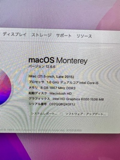 iMac　21.5インチ　Corei5  1.6GHz ( Late 2015) MK142J/A