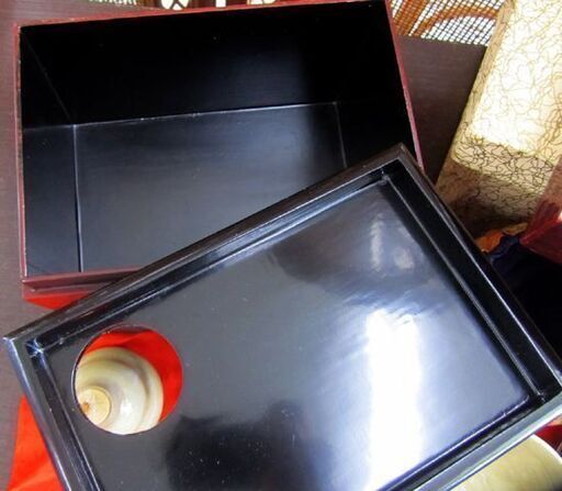 茶道具 利休茶箱 鎌倉彫 茶器セット 茶碗 仕覆 茶杓 棗 振出し 茶巾筒他 竹柄茶箱 木製 札幌市