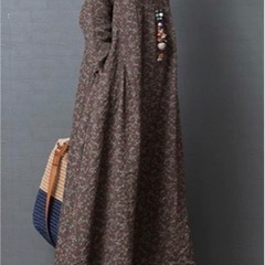 【新品】 綿麻ワンピース レディース ロングワンピース マキシワンピース Aラインワンピース 花柄ワンピース 体型カバー 長袖 ゆったり 復古 ナチュラル 着痩せ の画像