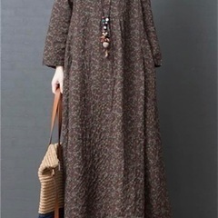 【新品】 綿麻ワンピース レディース ロングワンピース マキシワンピース Aラインワンピース 花柄ワンピース 体型カバー 長袖 ゆったり 復古 ナチュラル 着痩せ の画像