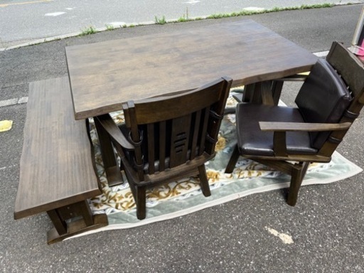 美品 使用4年程度 天然木 高級 ダイニングテーブルセット 回転椅子×2+2人掛けベンチシート フィンガージョイント材