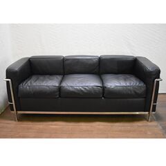 【ヤ取終了6/29】≪yt718ジ≫ LC2タイプ 3人掛けソファ リプロダクト品 cassina/カッシーナ風/ル・コルビジェ 黒系/メッキフレーム 50521-08+ 