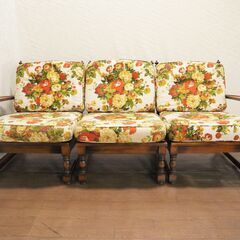 ヤ取終了6/23】≪yt720ジ≫ オールドカリモク 3連チェア 花柄 /