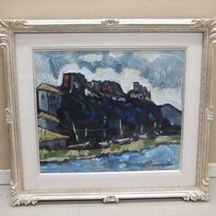 ジャネス(北スペイン)にて 古塔 絵画 村元俊郎作 油彩 額 (R2292kxwY)