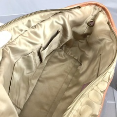 COACH コーチ ブラウン＆ピンクレザー シグネチャー  肩かけショルダー オープントートバッグの画像