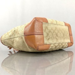 COACH コーチ ブラウン＆ピンクレザー シグネチャー  肩かけショルダー オープントートバッグの画像