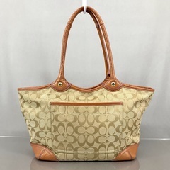 COACH コーチ ブラウン＆ピンクレザー シグネチャー  肩かけショルダー オープントートバッグの画像