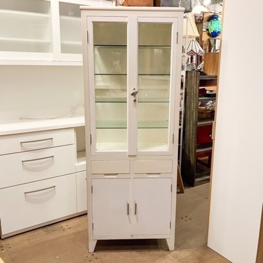 《売約済》【武蔵小山店】  ドクターキャビネット　医療棚　ケビント　飾り棚　食器棚　アンティーク　ビンテージ　古道具　時代　什器　店舗　飾り棚　コレクションケース　ブックケース　本棚　ガラス棚