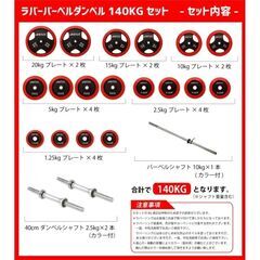③ 状態良好 IROTEC・アイロテック マスキュラーセット140R / ラバーバーベル140キロセット ジムレベルのフリーウエイトトレーニングを実現 手渡し希望/自社配送可能（配送エリアについてお問い合わせください )の画像