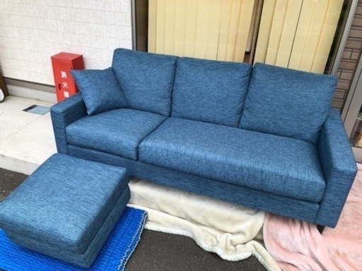 【引取】3人掛けソファ カウチ L字 ニトリ ブルー