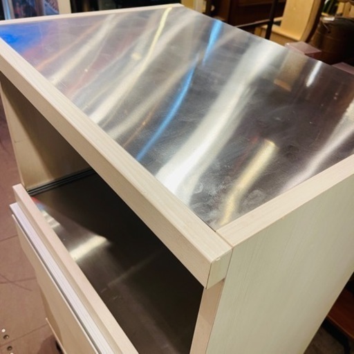 《売約済》 フナモコ Funamoco ハイタイプキッチンカウンター 幅60.2×高さ98.3cm ホワイトウッド MRS-60 キッチン収納　レンジ台　レンジボード　食器棚　隙間収納　隙間家具　白家具　カップボード　キャスター　付き　ステンレス