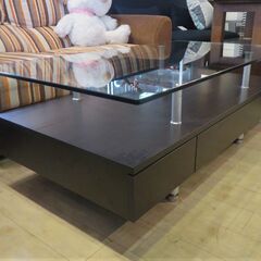 【愛知店舗】 センターテーブル ローテーブル 引出し付　ガラス天板　幅120cm×奥行65cm×高さ42.5cm