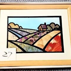 押し花27　切り絵風　パッチワークの丘　額付き