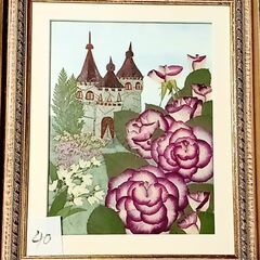 押し花作品40　お城とバラ　額付き