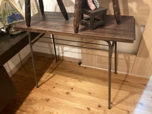 昭和レトロ　シャビー鉄脚テーブル　天板古材使用