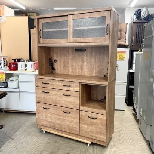 【超美品‼️】大川家具(サンウッディ) カントリー調♪ 120cm幅キッチンボード 食器棚 収納家具 木目調ブラウン♪