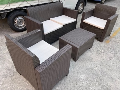 ラタン調 ガーデンテーブル×ソファ 4点セット Amazon.co.jp: ガーデンソファ ラタン調 ガーデン テーブル セット 4点