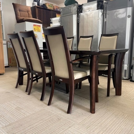 【超美品‼️】定価数十万♪ 高級 カリモク家具 180cm幅6人掛けダイニングテーブルセット 専用ラバーマット付き 木製ダークブラウン