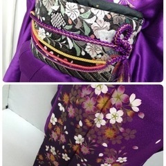 ● A) 正絹 振袖 帯 六通  桜 蝶 紫 黒 金  刺繍 帯揚げ 帯締め 金彩  身丈160cm  成人式 結婚式 中古 4点セット ③の画像