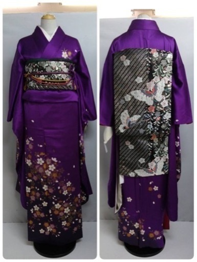 ● A) 正絹 振袖 帯 六通  桜 蝶 紫 黒 金  刺繍 帯揚げ 帯締め 金彩  身丈160cm  成人式 結婚式 中古 4点セッ