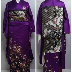 ● A) 正絹 振袖 帯 六通  桜 蝶 紫 黒 金  刺繍 帯揚げ 帯締め 金彩  身丈160cm  成人式 結婚式 中古 4点セット ③の画像