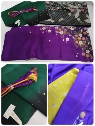 ● A) 正絹 振袖 帯 六通  桜 蝶 紫 黒 金  刺繍 帯揚げ 帯締め 金彩  身丈160cm  成人式 結婚式 中古 4点セッ