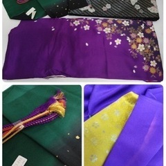 ● A) 正絹 振袖 帯 六通  桜 蝶 紫 黒 金  刺繍 帯揚げ 帯締め 金彩  身丈160cm  成人式 結婚式 中古 4点セット ③の画像