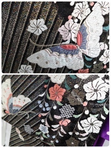 ● A) 正絹 振袖 帯 六通  桜 蝶 紫 黒 金  刺繍 帯揚げ 帯締め 金彩  身丈160cm  成人式 結婚式 中古 4点セッ
