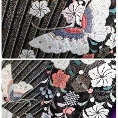 ● A) 正絹 振袖 帯 六通  桜 蝶 紫 黒 金  刺繍 帯揚げ 帯締め 金彩  身丈160cm  成人式 結婚式 中古 4点セット ③の画像