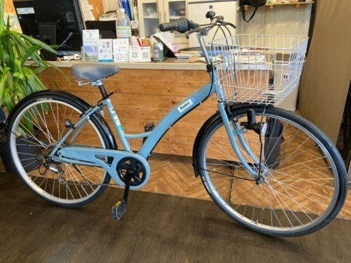 【前後タイヤ・チューブ新品！】6段変速　26インチ自転車　グレイッシュブルー