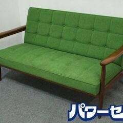 karimoku/カリモク60 Kチェア 2シーター タープグリーン ラバートリー アームトップ ブナ 二人掛けソファ 中古家具 店頭引取歓迎 R7308