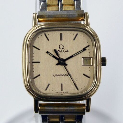 ジャンク 不動品 本物 OMEGA Seamaster クオーツ式 Cal.1426 3針 デイト ゴールド系文字盤 レディース オメ
