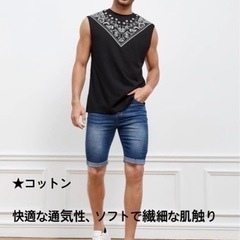 メンズ　カジュアル　夏コーデ　柄　プリント タンクトップ　ブラックの画像