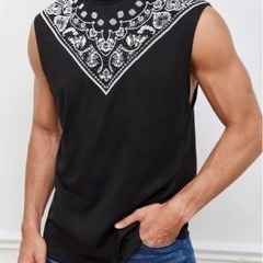 メンズ　カジュアル　夏コーデ　柄　プリント タンクトップ　ブラックの画像