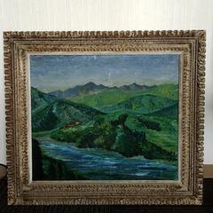 絵画　アート　自然　山　川　絵　画　緑　額縁　