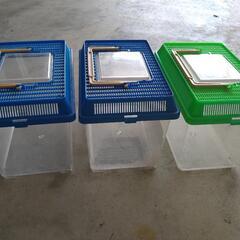 フタ付きプラスチック水槽3個＋浅型水槽の画像