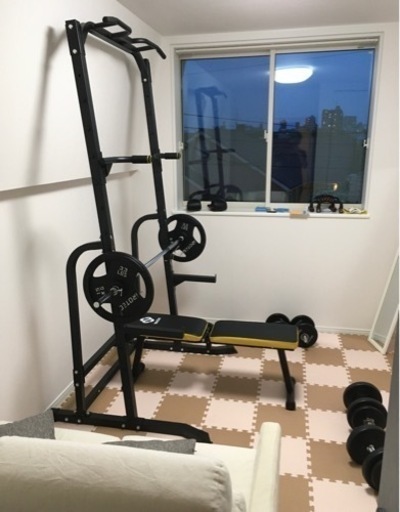 締切ました。『引取優先』バーベル100kgセット、ハーフラック、椅子