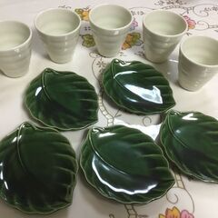 葉っぱのお皿付き湯呑5客セット　新品・未使用