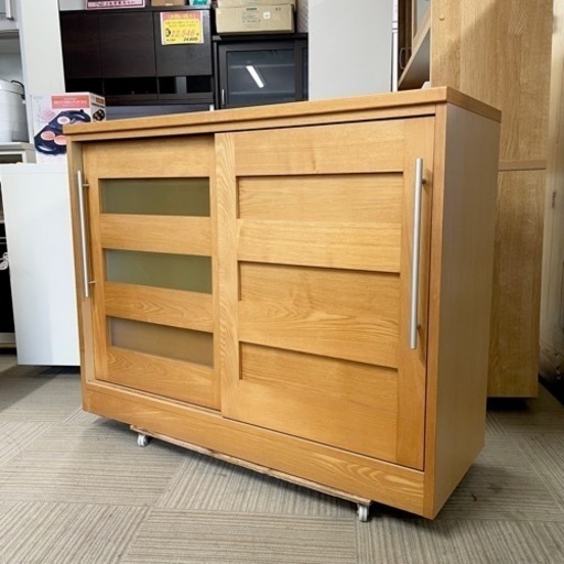 ①【美品‼️】定価12万♪ モリタインテリア タモ無垢材 120cm幅キッチンカウンター 食器棚 収納家具 ナチュラルブラウン♪