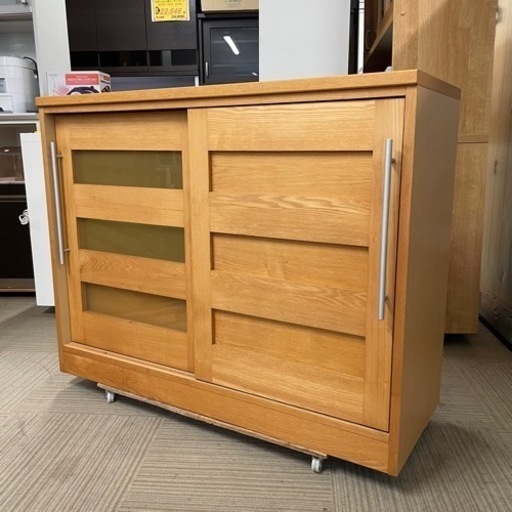 ②【美品‼️】定価12万♪ モリタインテリア タモ無垢材 120cm幅キッチンカウンター 食器棚 収納家具 ナチュラルブラウン♪